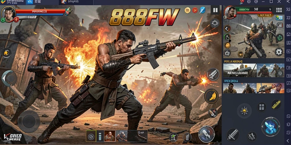 Tangkapan layar gameplay <strong>888FW</strong> yang menunjukkan pertarungan mendebarkan antara karakter.