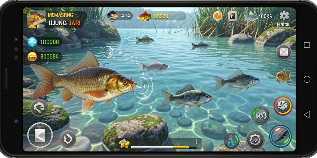 Screenshot utama ID098 menampilkan pemain sedang memancing di danau yang tenang.