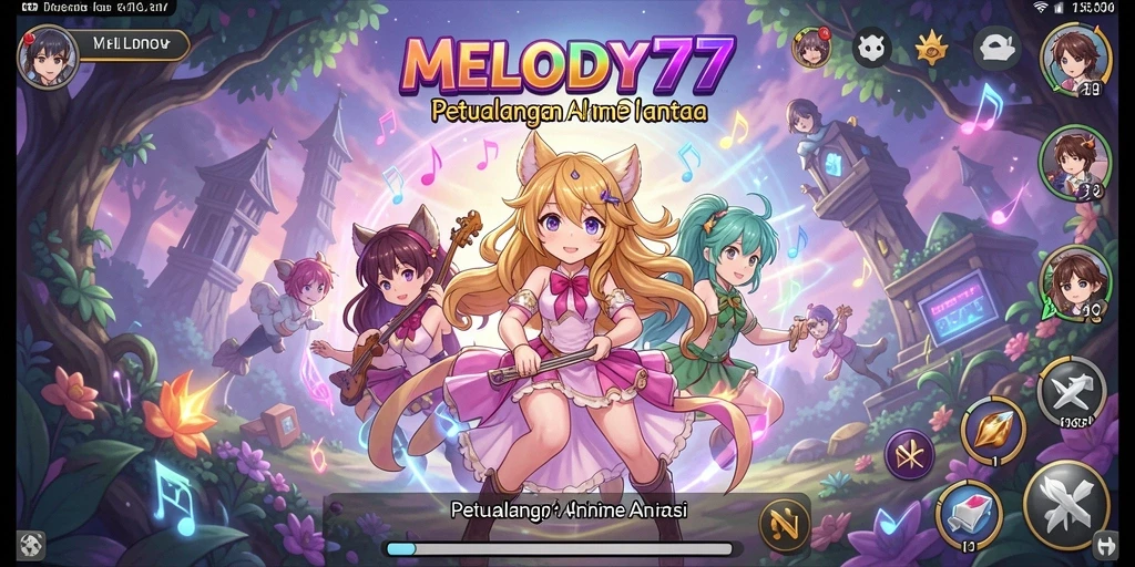 Tampilan gameplay dari MELODY77 yang memikat dan penuh warna.