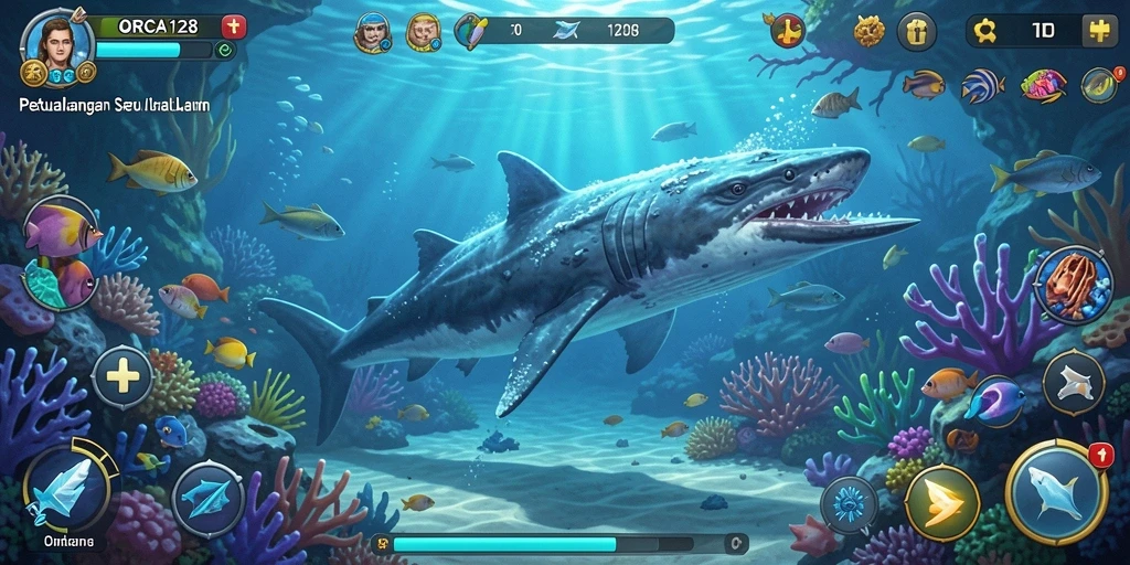 Tangkapan layar ORCA128 menampilkan aksi seru menjelajahi lautan yang indah.