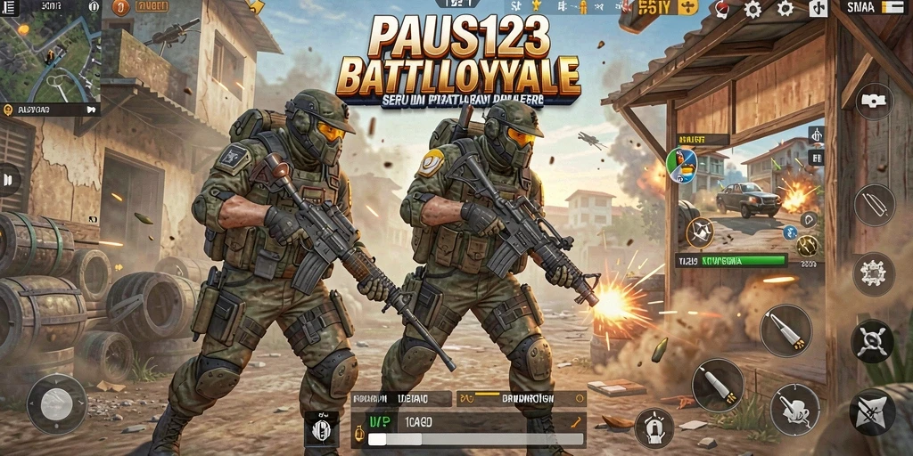 Sebuah adegan seru dari gameplay PAUS123 dalam pertempuran Battle Royale.